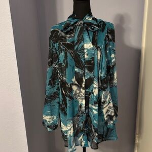 SWAK Teal and Black Sheer Abstract Blouse With Neck Bow